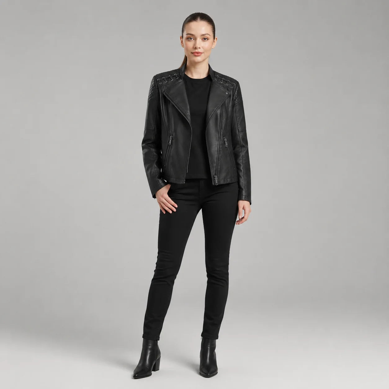 Jaqueta Couro Sintético Moto Biker Gola Alta Slim Chic Lenogue