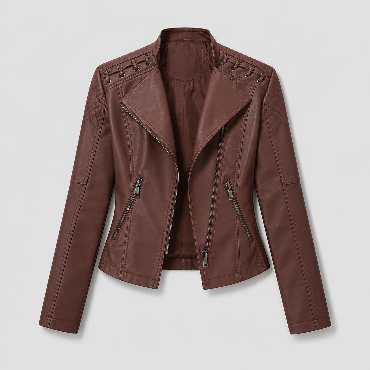 Jaqueta Couro Sintético Moto Biker Gola Alta Slim Chic Lenogue Marrom / p