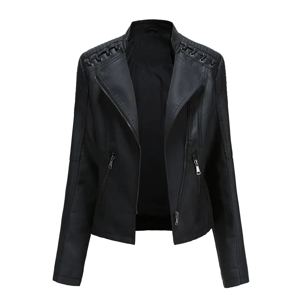 Jaqueta Couro Sintético Moto Biker Gola Alta Slim Chic Lenogue