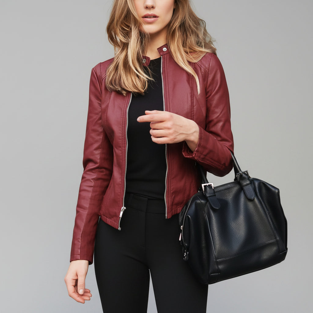 Jaqueta Couro Sintético Moto Biker Zipper Slim élégant Lenogue Vermelho / p