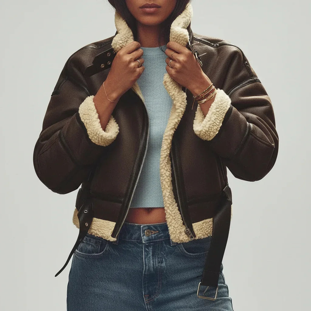 Jaqueta Pelúcia Faux Fur Zipper Ombro Caído Vintage Chic Lenogue