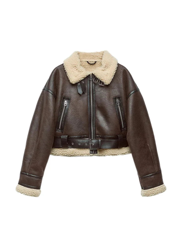 Jaqueta Pelúcia Faux Fur Zipper Ombro Caído Vintage Chic Lenogue Marrom Escuro / Pp