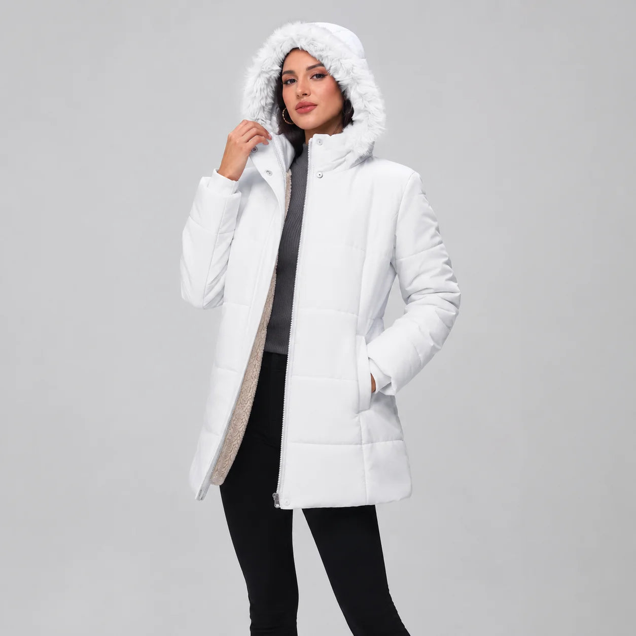 Jaqueta Puffer Longa com Capuz Removível e Sherpa Chic Lenogue