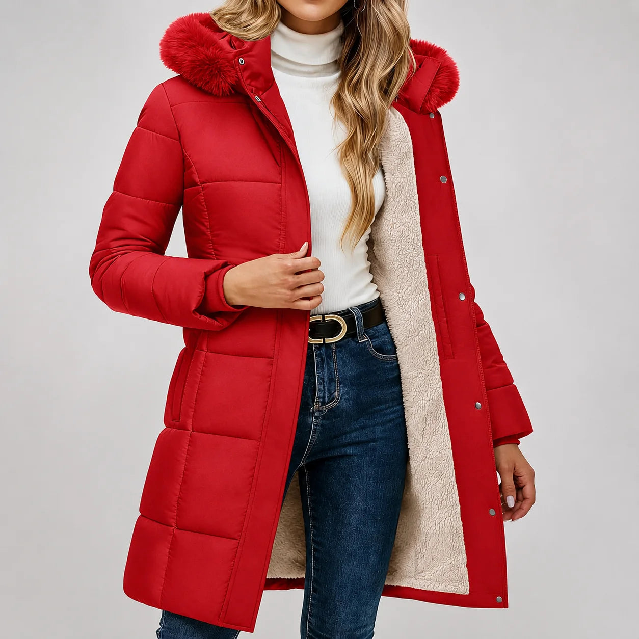 Jaqueta Puffer Longa com Capuz Removível e Sherpa Chic Lenogue Vermelho / p