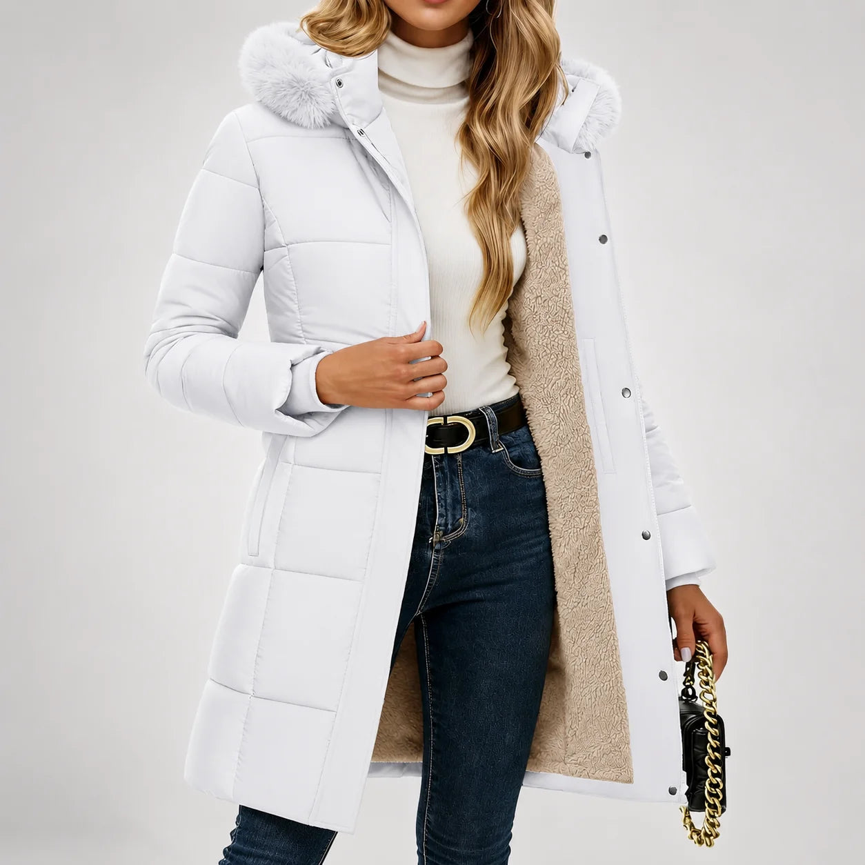 Jaqueta Puffer Longa com Capuz Removível e Sherpa Chic Lenogue Branco / p