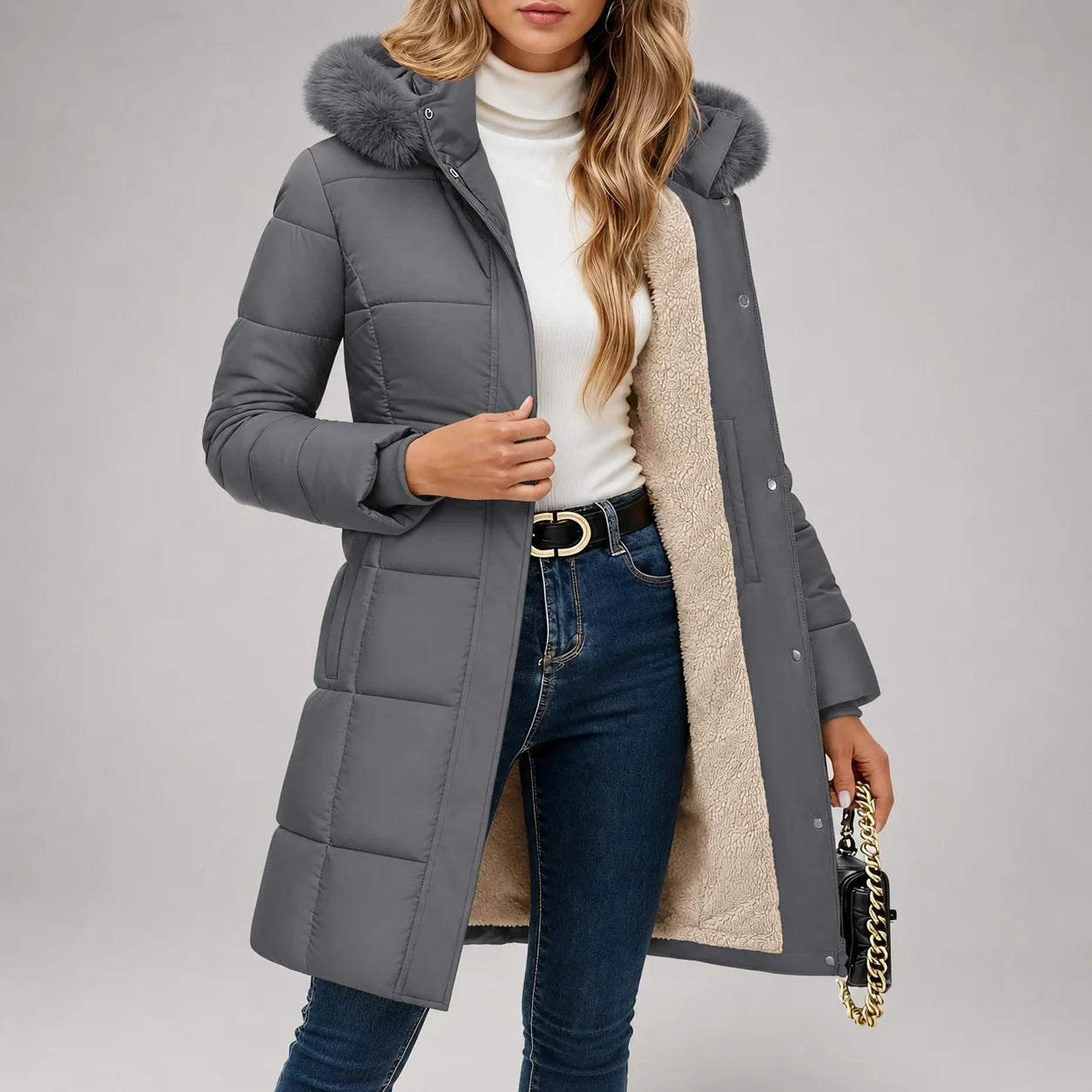 Jaqueta Puffer Longa com Capuz Removível e Sherpa Chic Lenogue Cinza / p