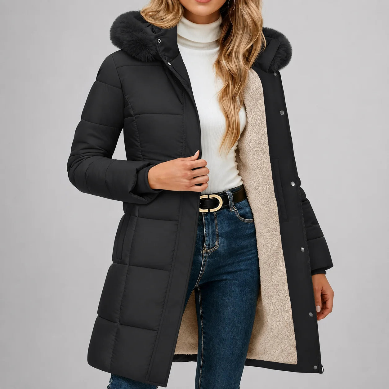 Jaqueta Puffer Longa com Capuz Removível e Sherpa Chic Lenogue Preto / p