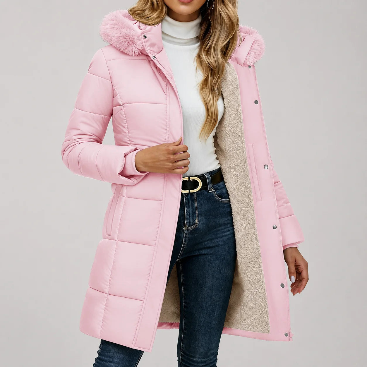 Jaqueta Puffer Longa com Capuz Removível e Sherpa Chic Lenogue Rosa / p