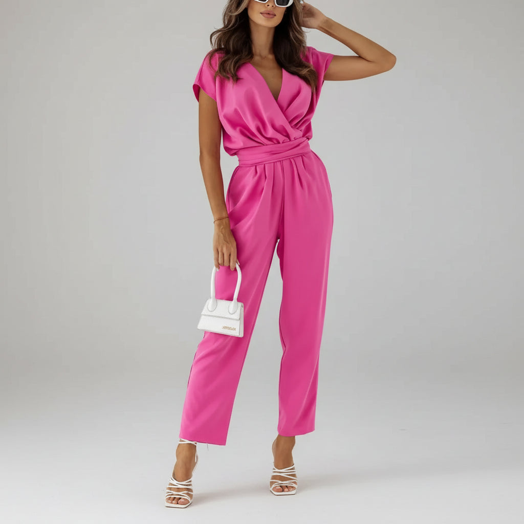 Macacão de Alfaiataria Manga Curta Casual para Eventos Lenogue Rosa / p