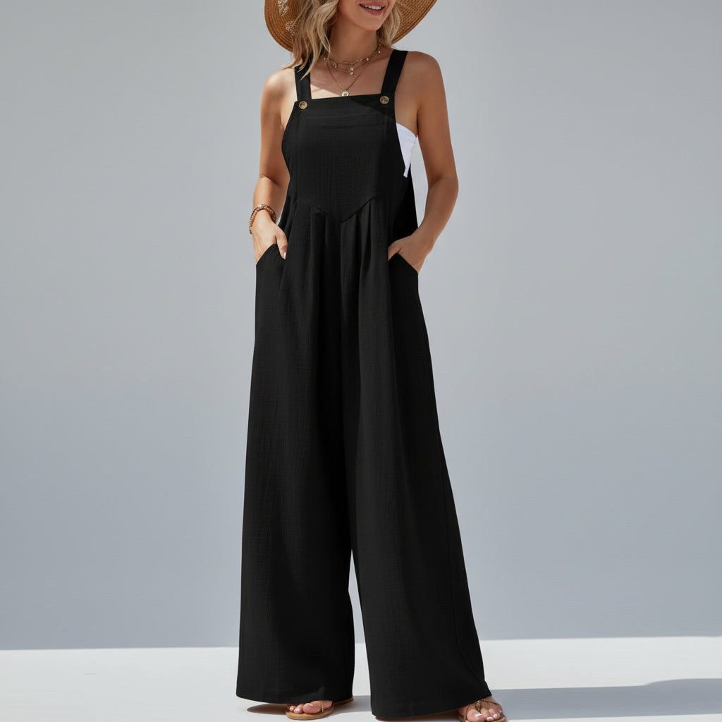Macacão Estilo étnico Casual Elegante com Perna Larga Lenogue Preto / p