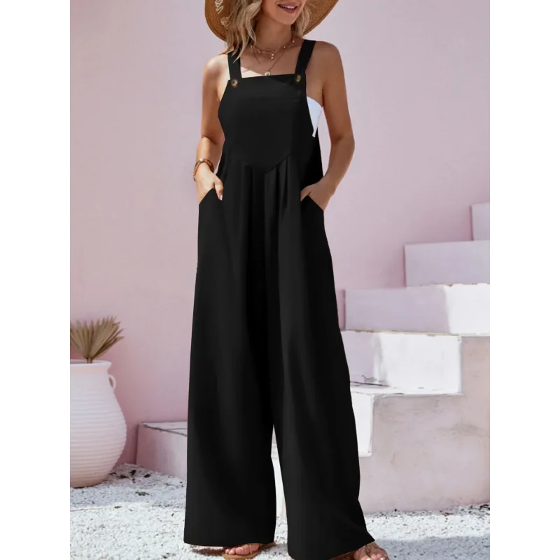 Macacão Estilo étnico Casual Elegante com Perna Larga Lenogue Preto / p