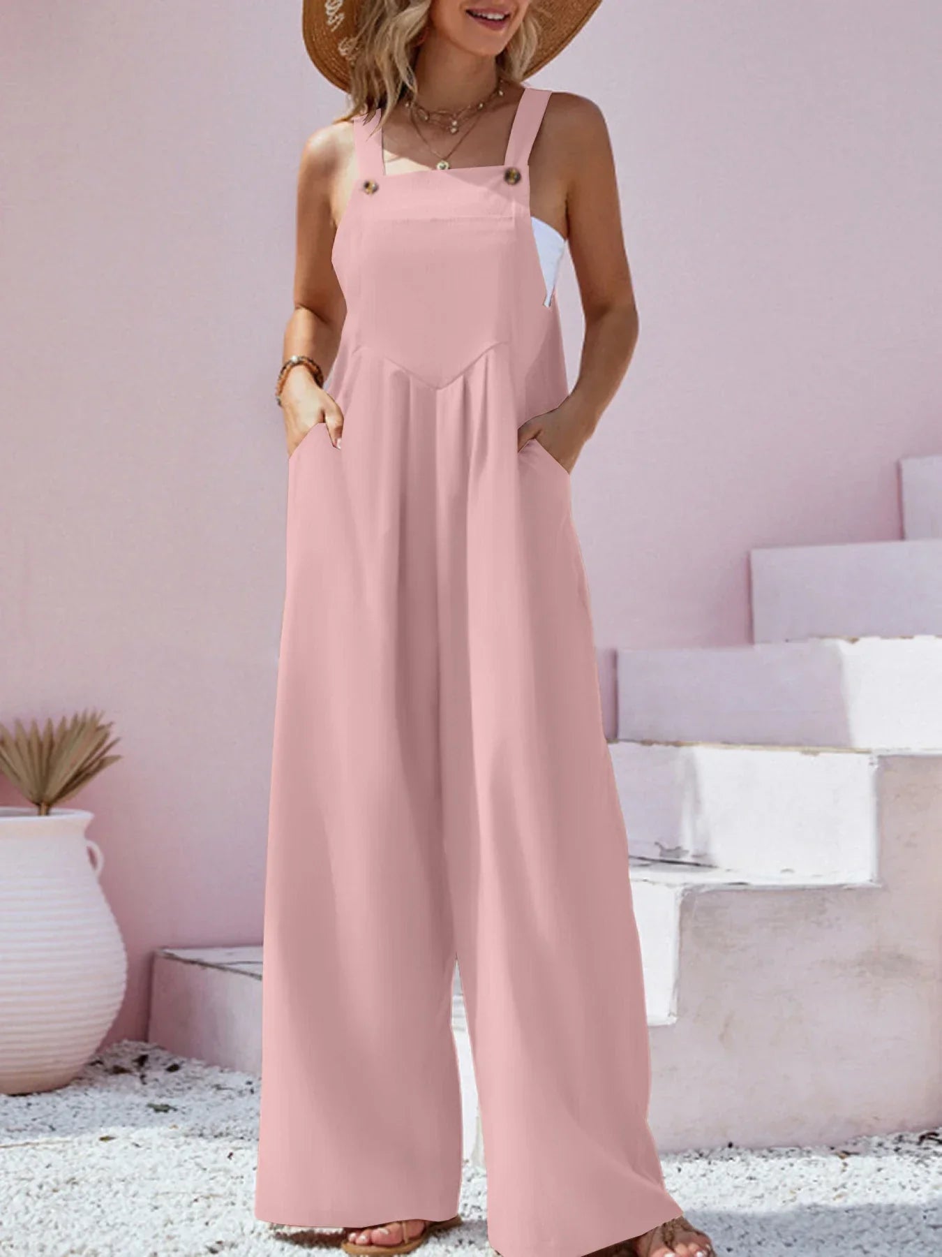 Macacão Estilo étnico Casual Elegante com Perna Larga Lenogue Rosa / p