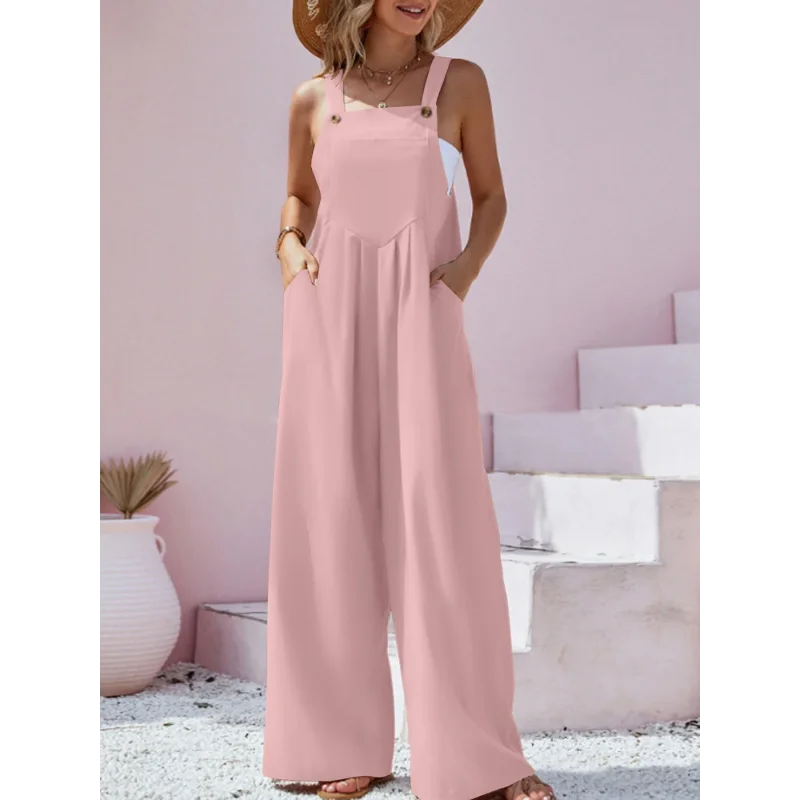 Macacão Estilo étnico Casual Elegante com Perna Larga Lenogue Rosa / p