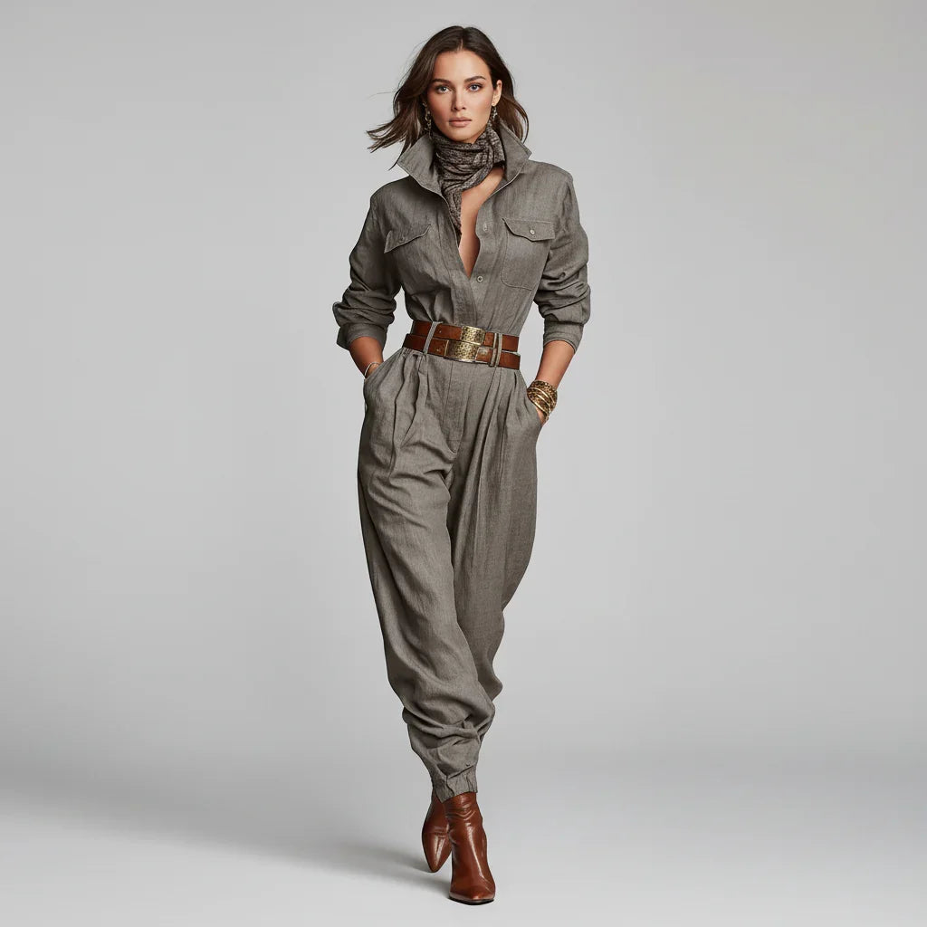 Macacão Gola Lapela com Botões Cintura Alta e Bolsos Lenogue