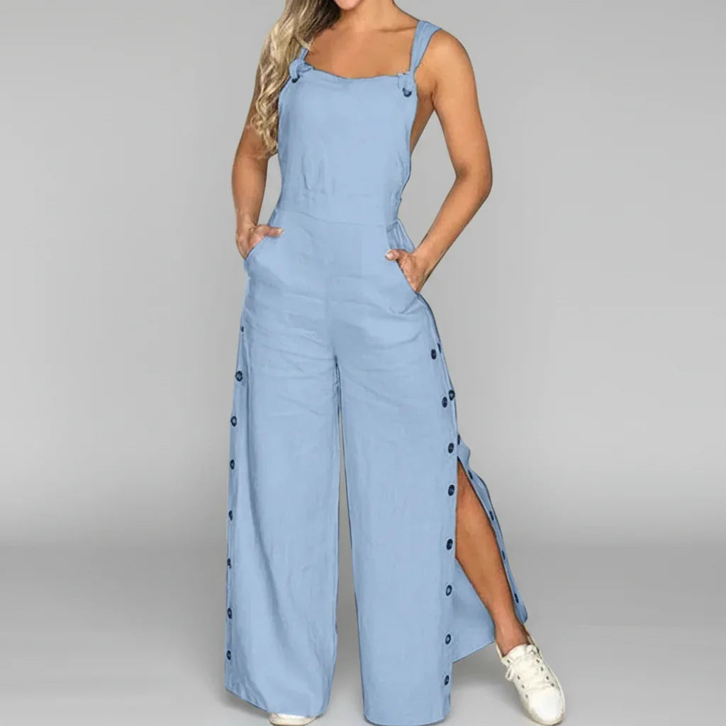 Macacão Jardineira Algodão Linho Alças Ajustáveis Calça Pantalona Lenogue Azul / p