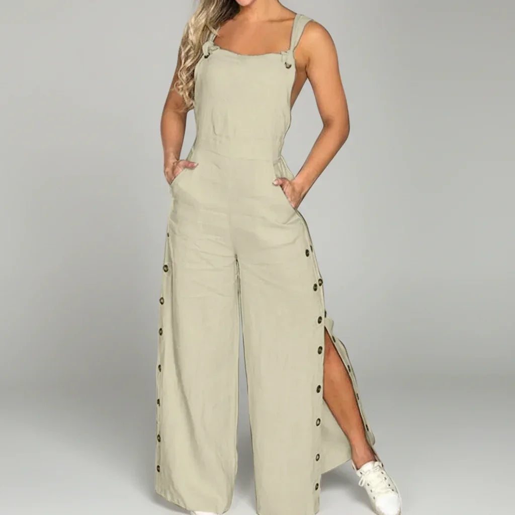 Macacão Jardineira Algodão Linho Alças Ajustáveis Calça Pantalona Lenogue Bege / p