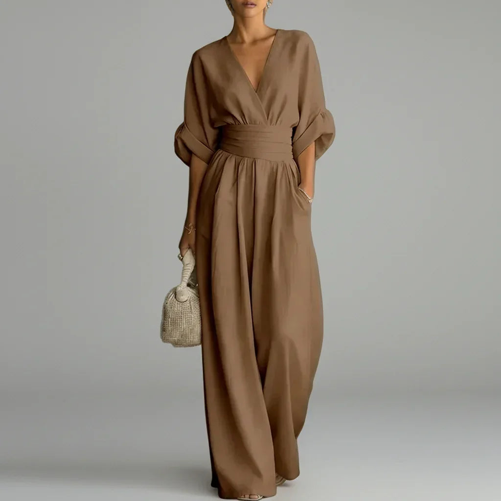 Macacão Longo Chiffon Decote v Wide Leg Franzido élégant Lenogue Marrom / p