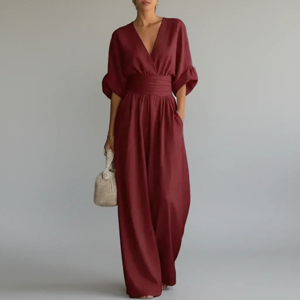 Macacão Longo Chiffon Decote v Wide Leg Franzido élégant Lenogue Vermelho / p