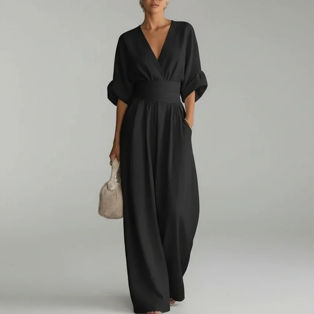 Macacão Longo Chiffon Decote v Wide Leg Franzido élégant Lenogue Preto / p