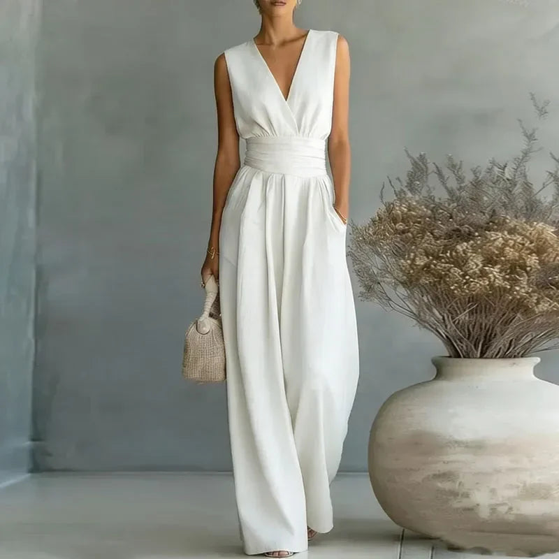 Macacão Longo Chiffon Decote v Wide Leg sem Manga Chic Lenogue