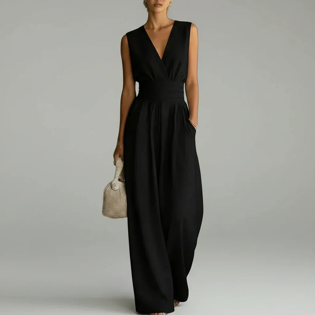 Macacão Longo Chiffon Decote v Wide Leg sem Manga Chic Lenogue