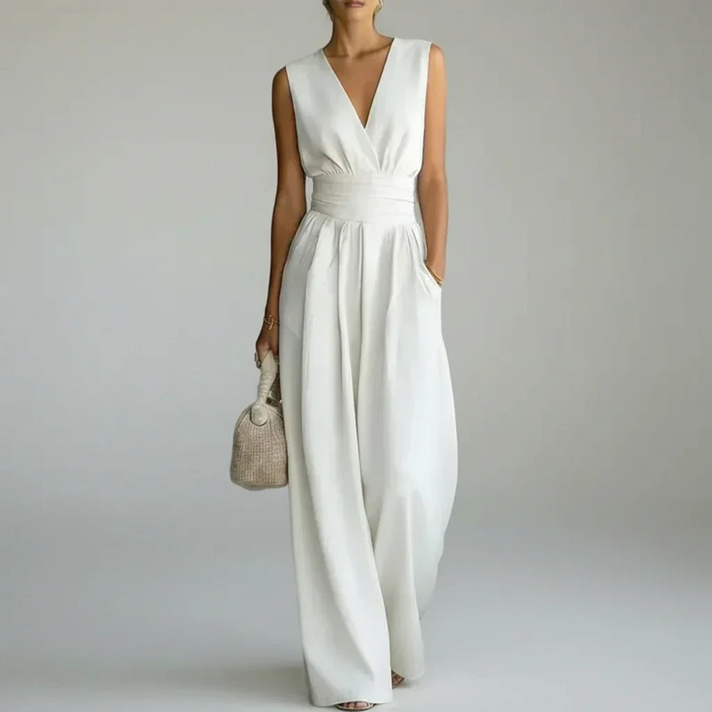 Macacão Longo Chiffon Decote v Wide Leg sem Manga Chic Lenogue Branco / p