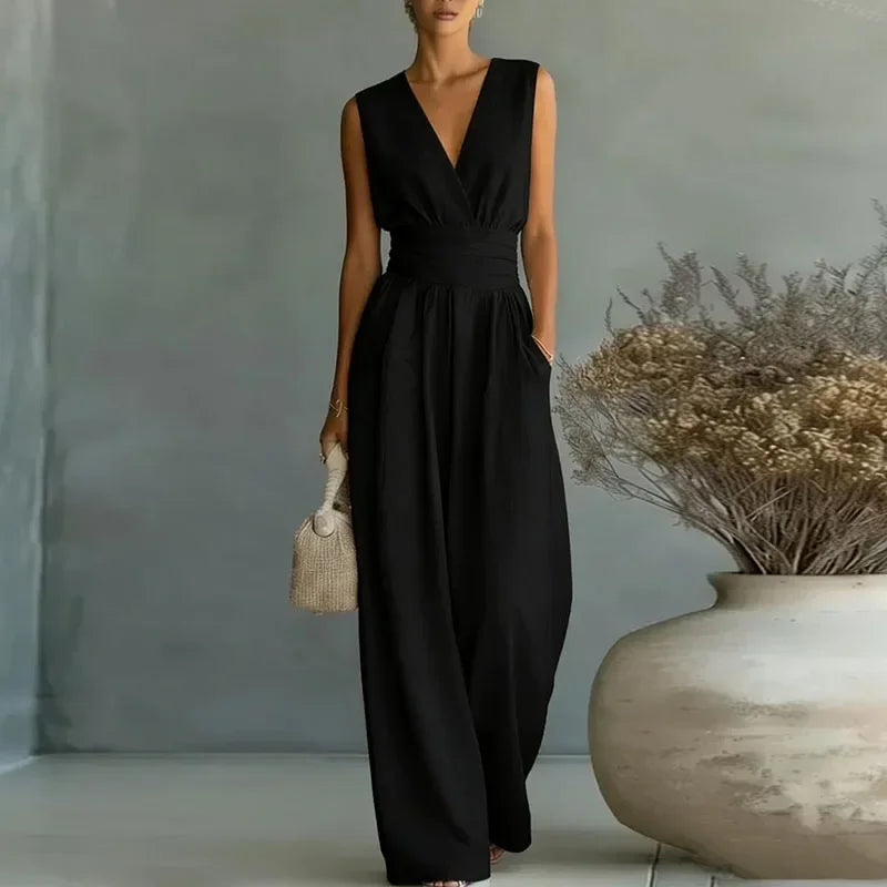Macacão Longo Chiffon Decote v Wide Leg sem Manga Chic Lenogue Preto / p