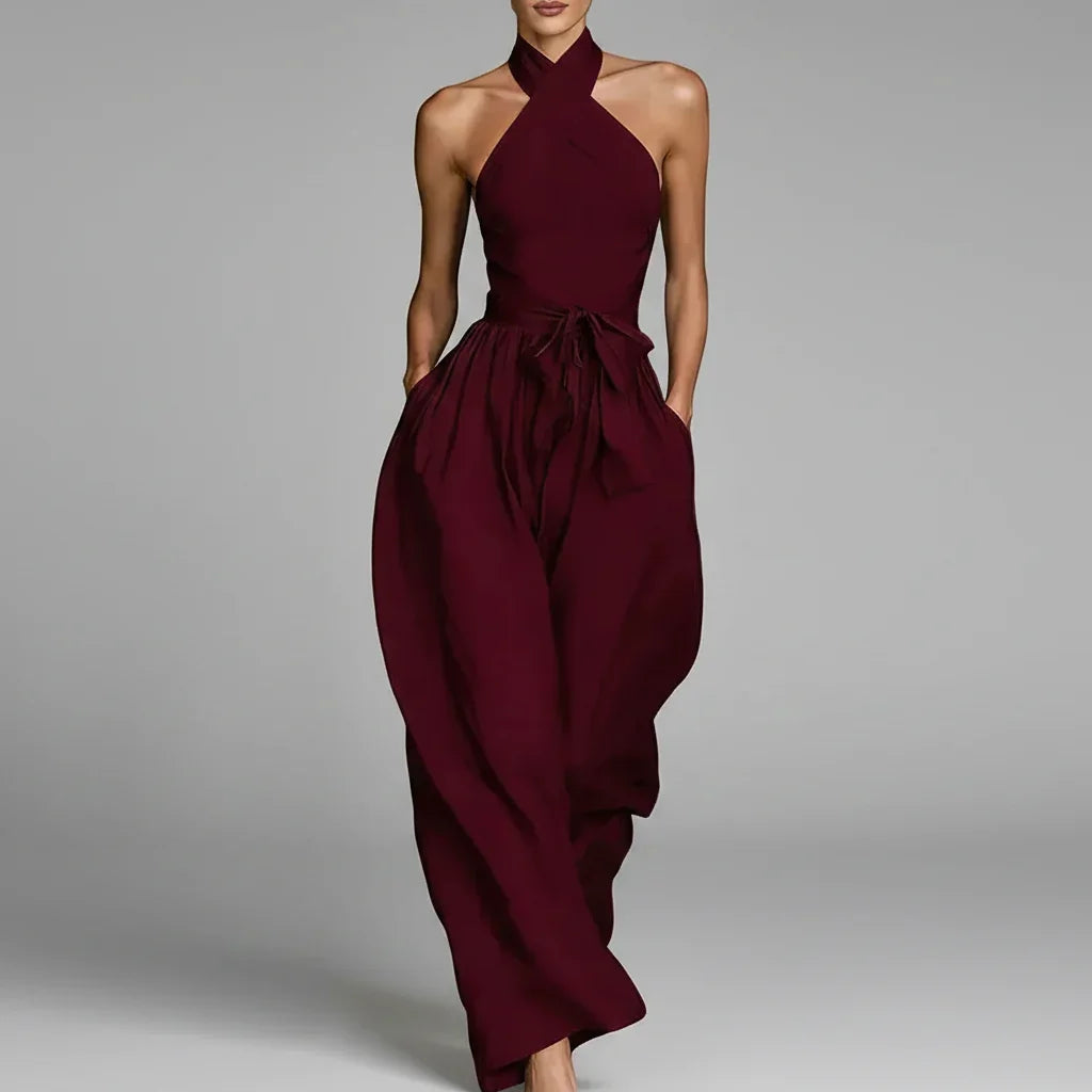 Macacão Longo Halter Backless Wide Leg Amarração élégant Lenogue Vermelho / Pp