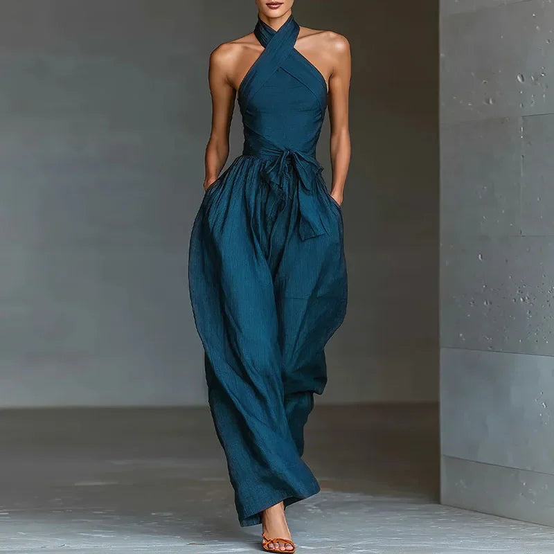 Macacão Longo Halter Backless Wide Leg Amarração élégant Lenogue