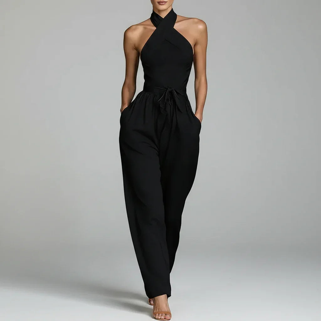 Macacão Longo Halter Backless Wide Leg Amarração élégant Lenogue Preto / Pp