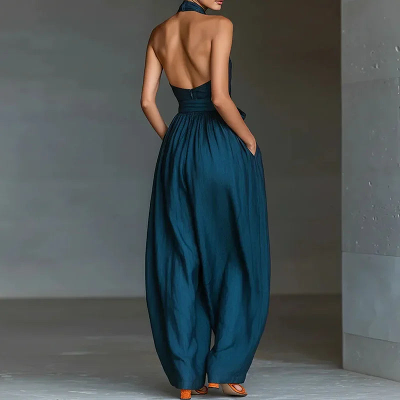 Macacão Longo Halter Backless Wide Leg Amarração élégant Lenogue