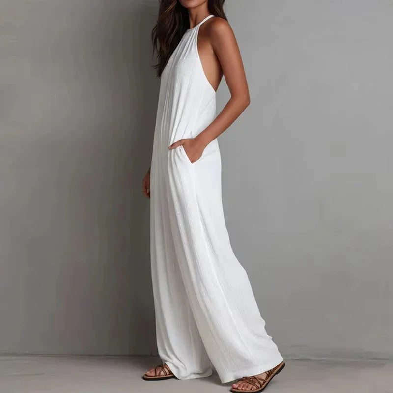Macacão Longo Halter Wide Leg Texturizado Bolsos Chic Lenogue