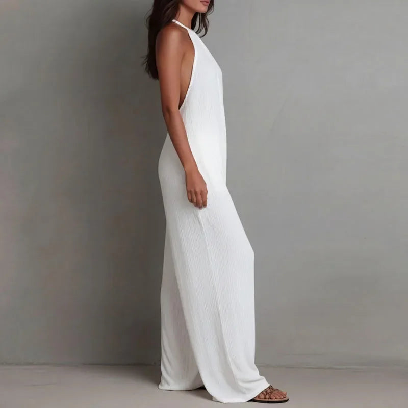 Macacão Longo Halter Wide Leg Texturizado Bolsos Chic Lenogue