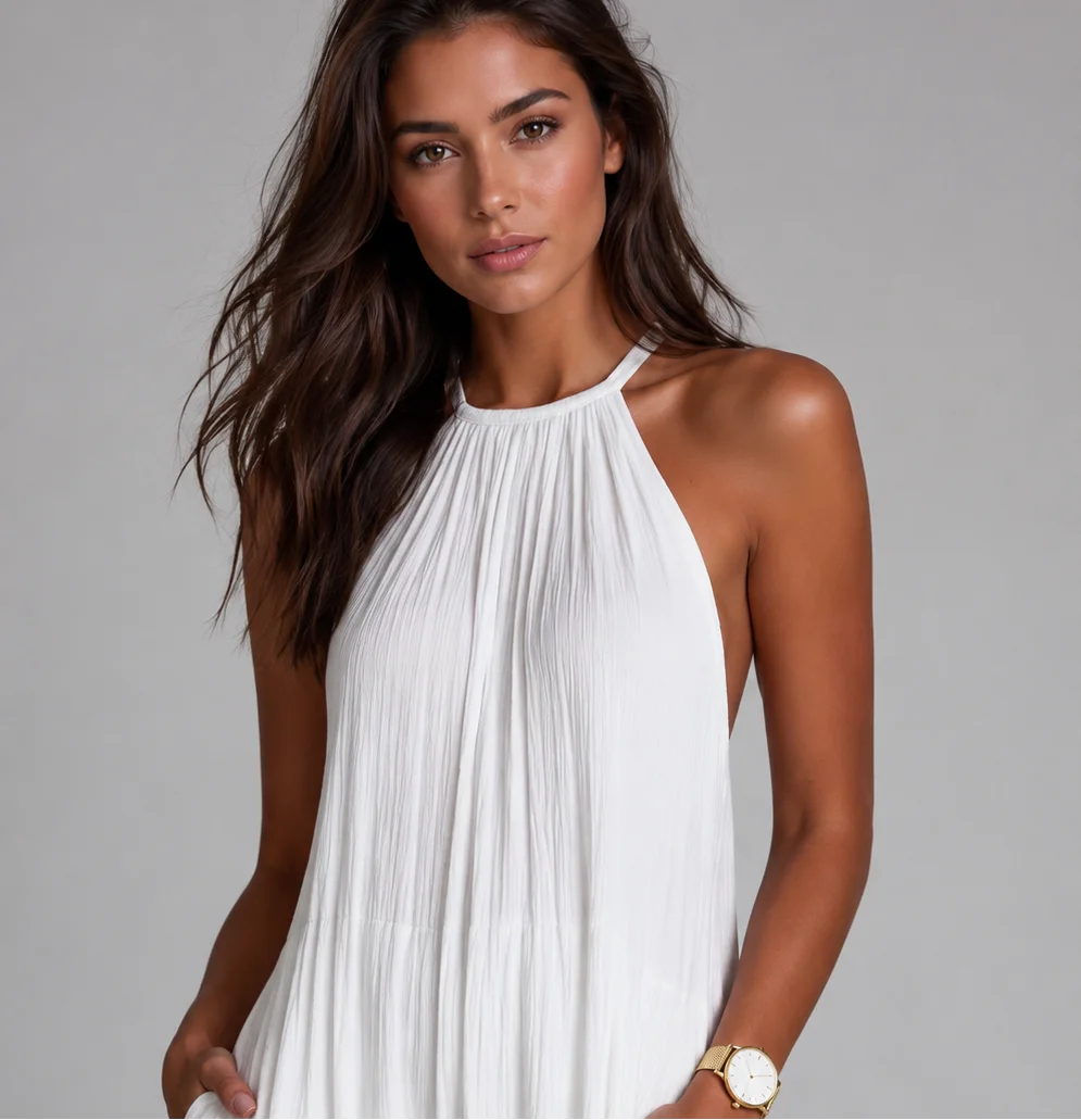 Macacão Longo Halter Wide Leg Texturizado Bolsos Chic Lenogue