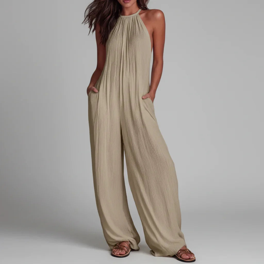 Macacão Longo Halter Wide Leg Texturizado Bolsos Chic Lenogue Bege / p