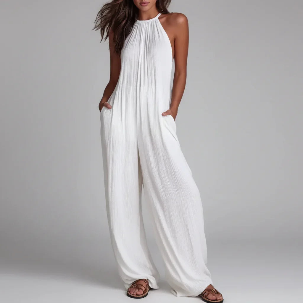 Macacão Longo Halter Wide Leg Texturizado Bolsos Chic Lenogue Branco / p