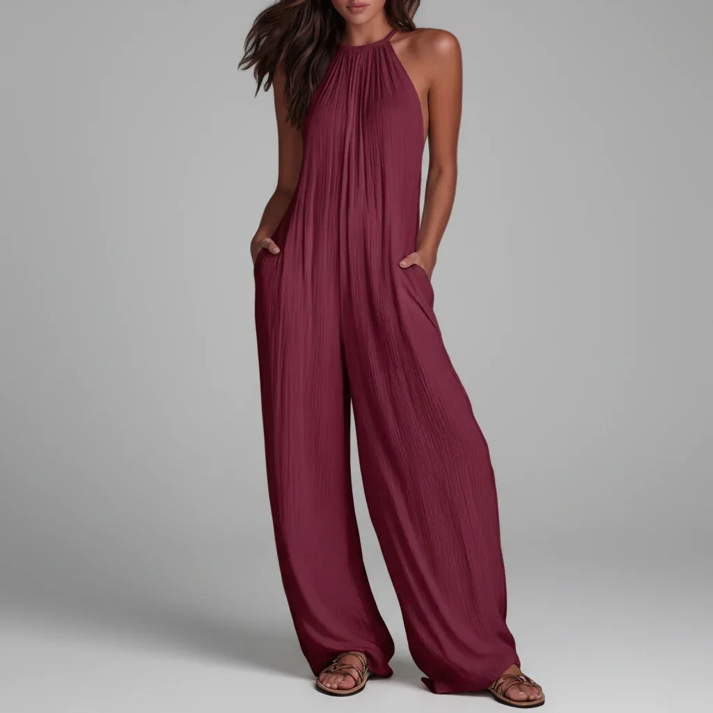 Macacão Longo Halter Wide Leg Texturizado Bolsos Chic Lenogue Roxo / p
