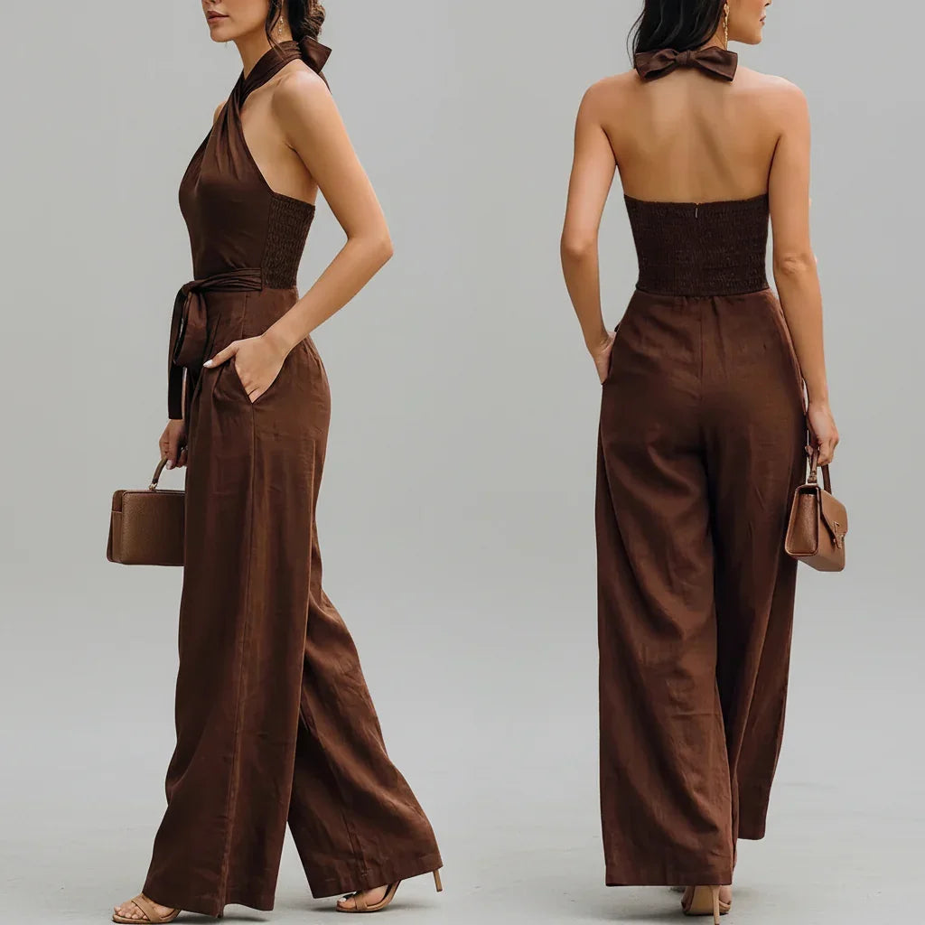 Macacão Longo Linho Halter Wide Leg Amarração Marrom Chic Lenogue