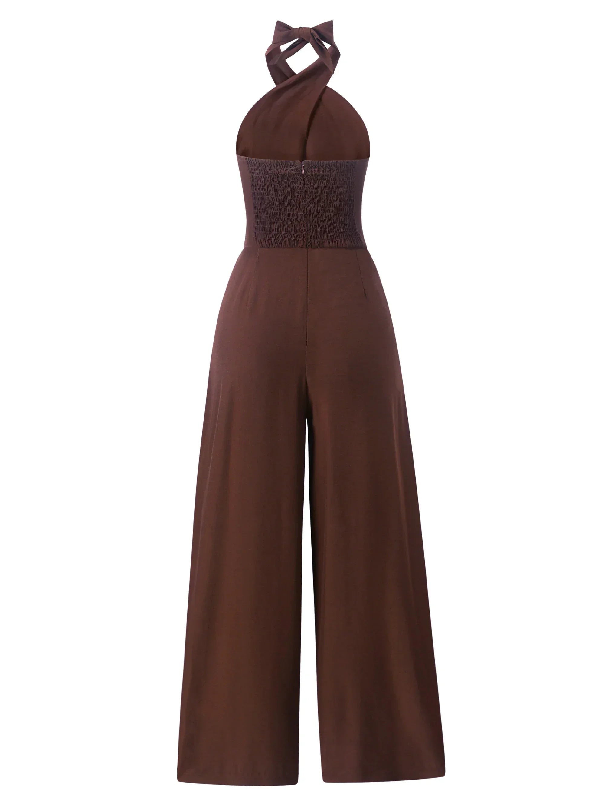 Macacão Longo Linho Halter Wide Leg Amarração Marrom Chic Lenogue
