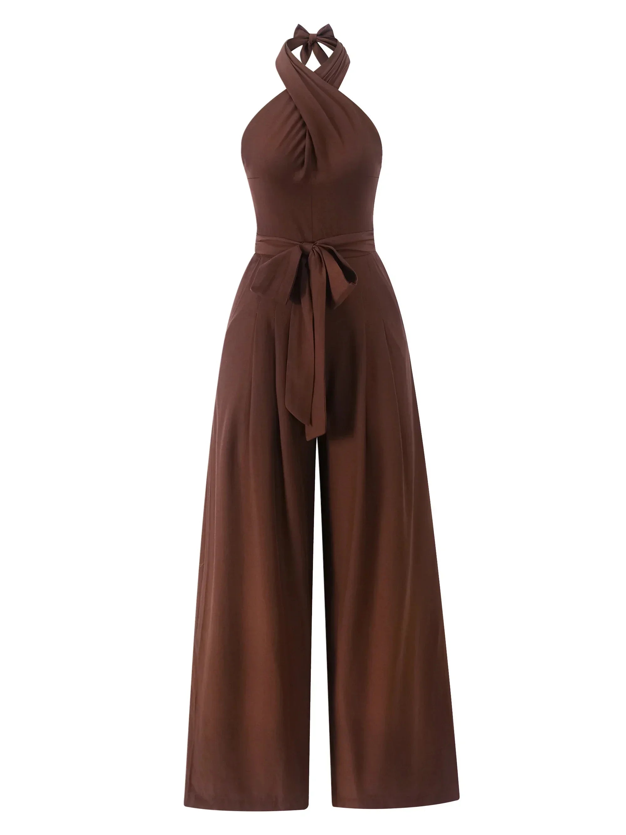 Macacão Longo Linho Halter Wide Leg Amarração Marrom Chic Lenogue