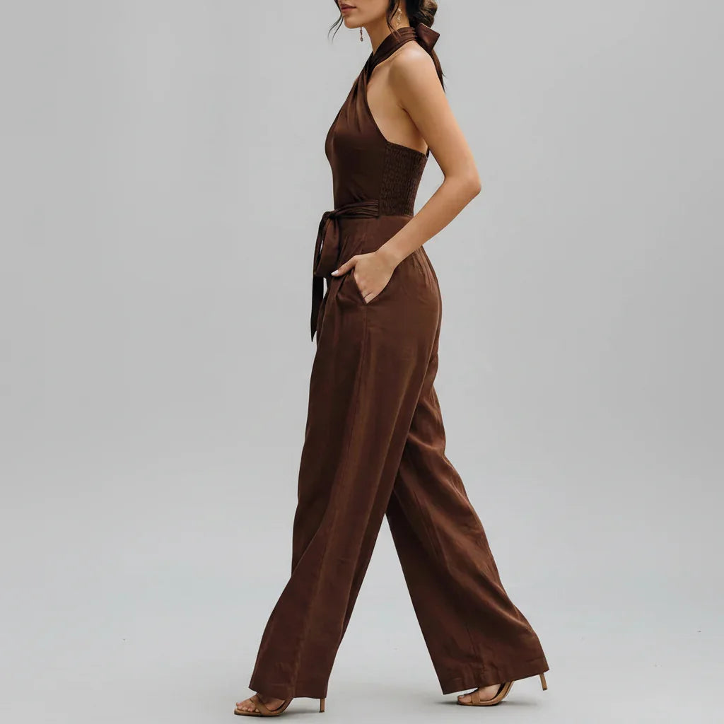 Macacão Longo Linho Halter Wide Leg Amarração Marrom Chic Lenogue
