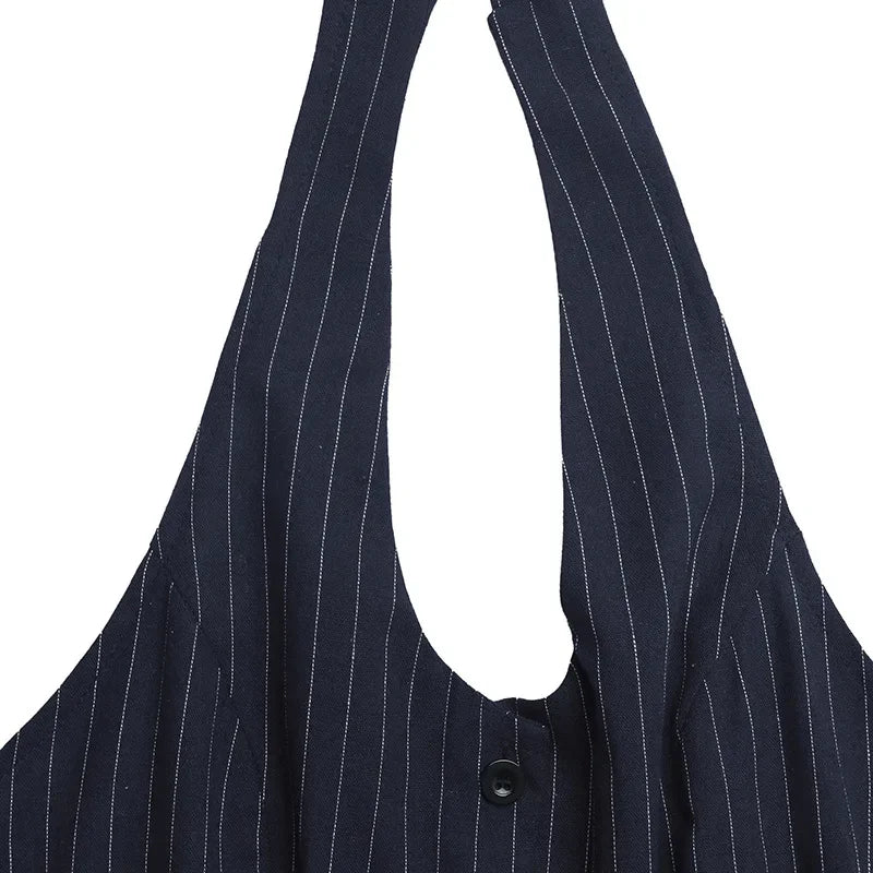 Macacão Longo Listrado Halter Backless Slim Elegante Lenogue
