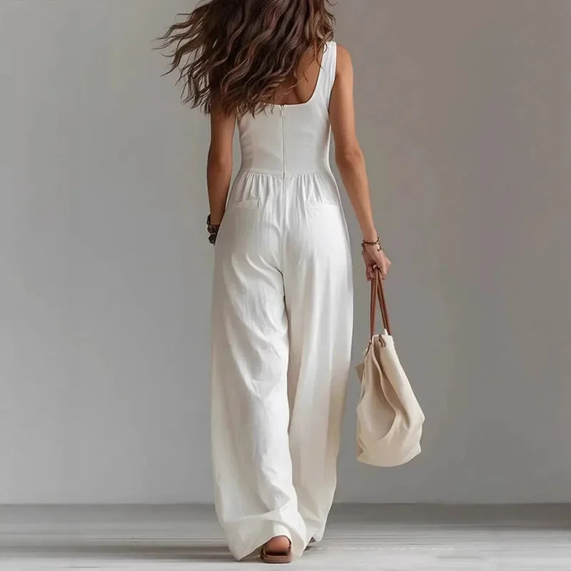 Macacão Longo Wide Leg Decote v Botões Cintura Alta Chic Lenogue