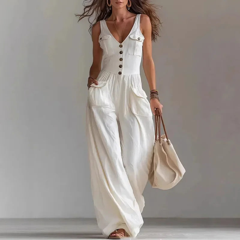 Macacão Longo Wide Leg Decote v Botões Cintura Alta Chic Lenogue Branco / p