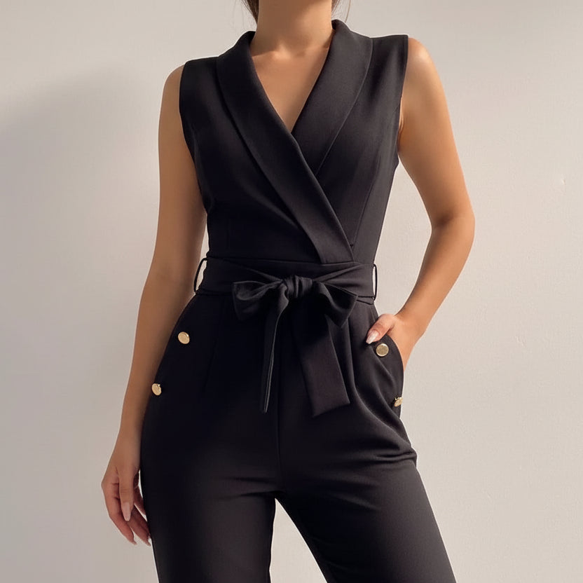 Macacão Perna Larga Decote v com Botões e Amarração Lenogue Preto / p