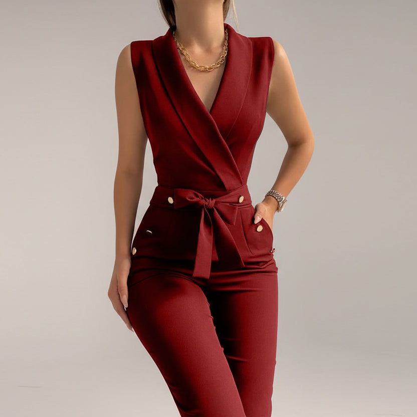 Macacão Perna Larga Decote v com Botões e Amarração Lenogue Vermelho Escuro / p