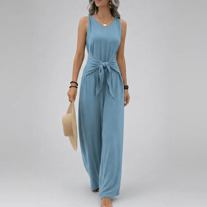 Macacão sem Mangas Decote v Amarração Calça Pantalona Lenogue Azul Claro / p