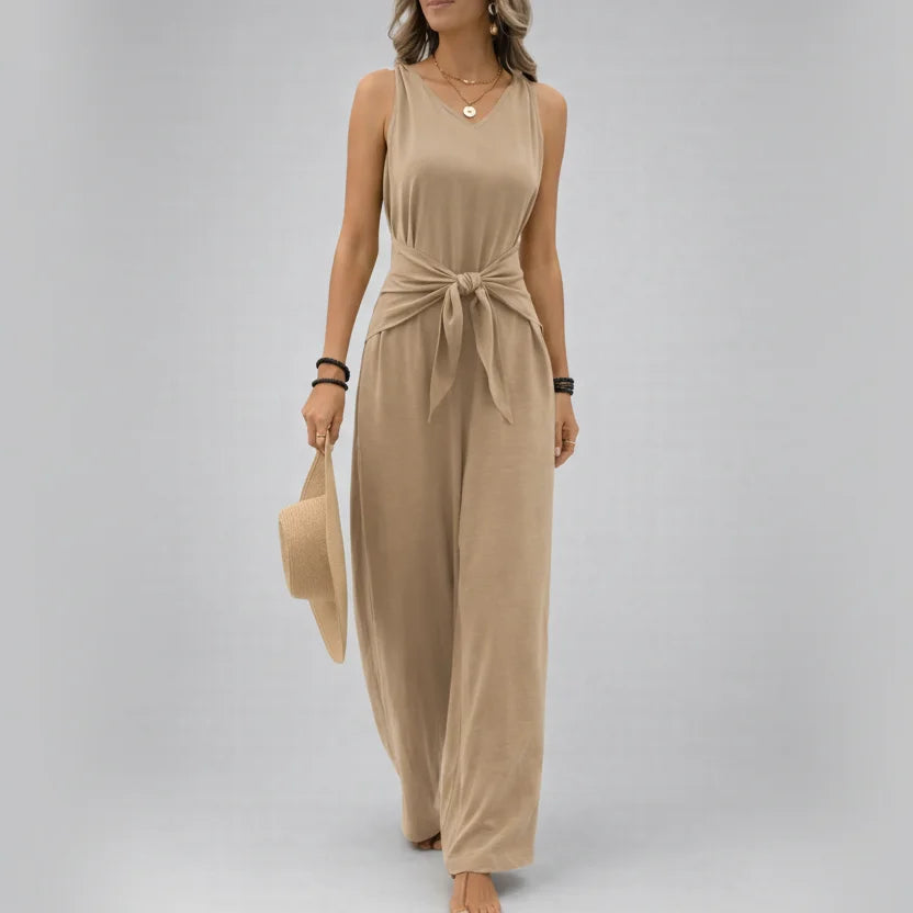 Macacão sem Mangas Decote v Amarração Calça Pantalona Lenogue Bege / p