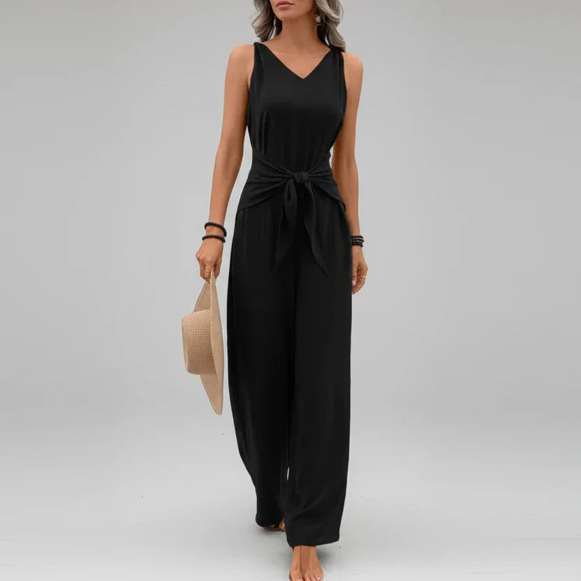 Macacão sem Mangas Decote v Amarração Calça Pantalona Lenogue Preto / p