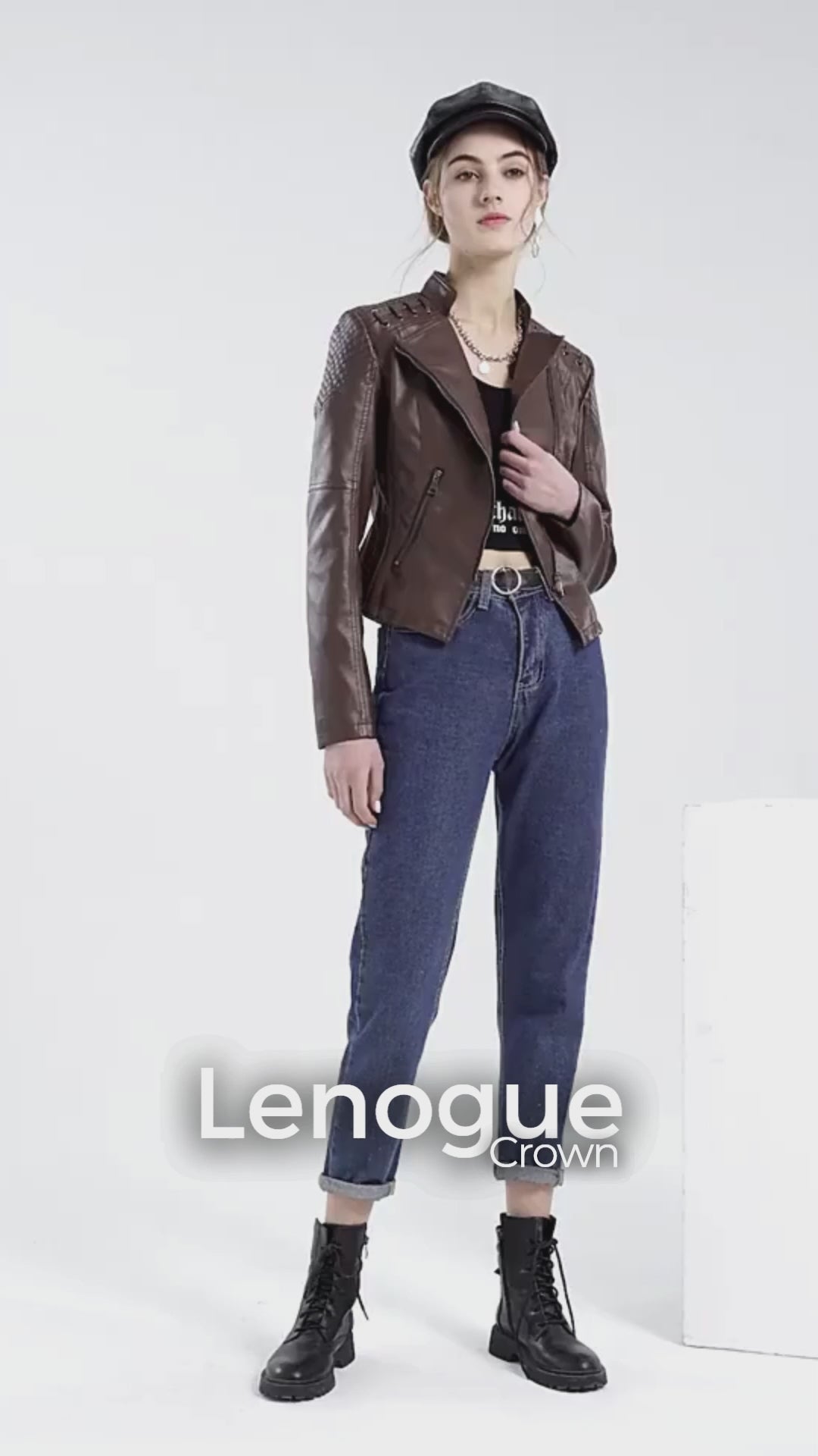 Jaqueta Couro Sintético Moto Biker Gola Alta Slim Chic Lenogue